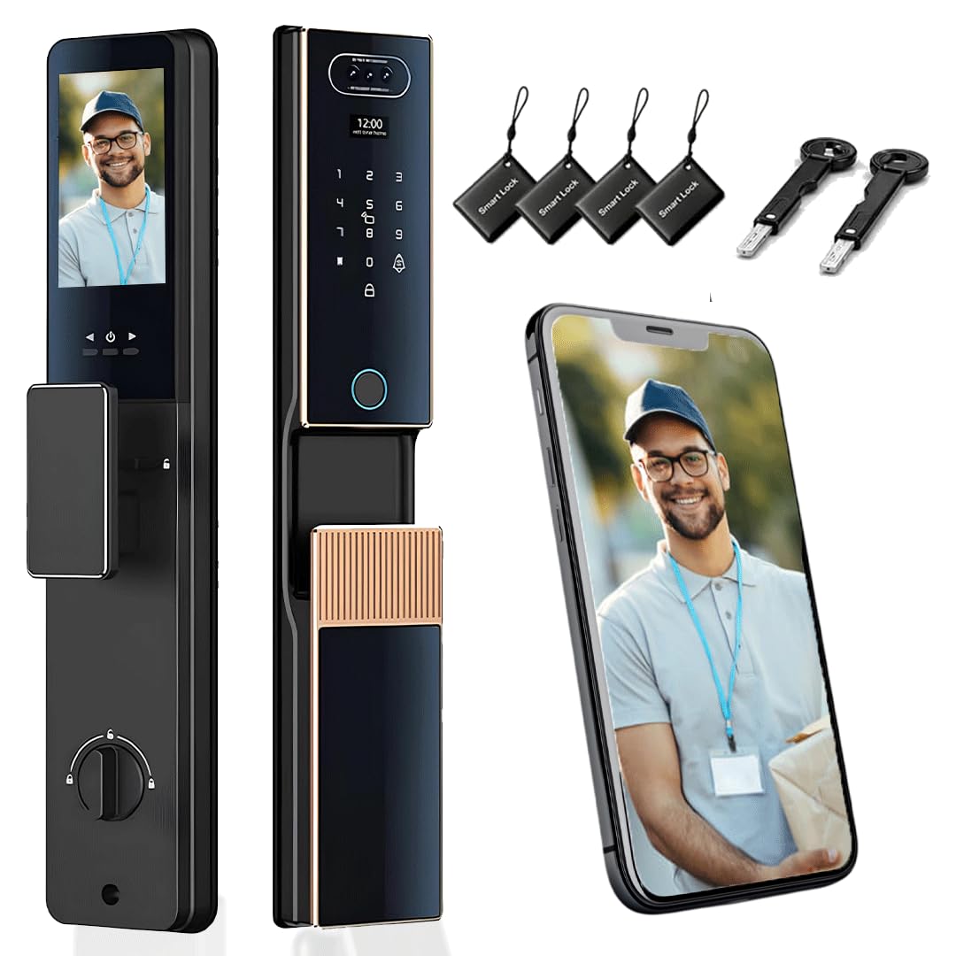 Smart Door Lock with Face Recognition & Camera, Video Monitor, 7-in-1 Keyless Entry: Palm Vein, Fingerprint, Keypad, App - Weatherproof Digital Deadbolt for Home Security (Gold)