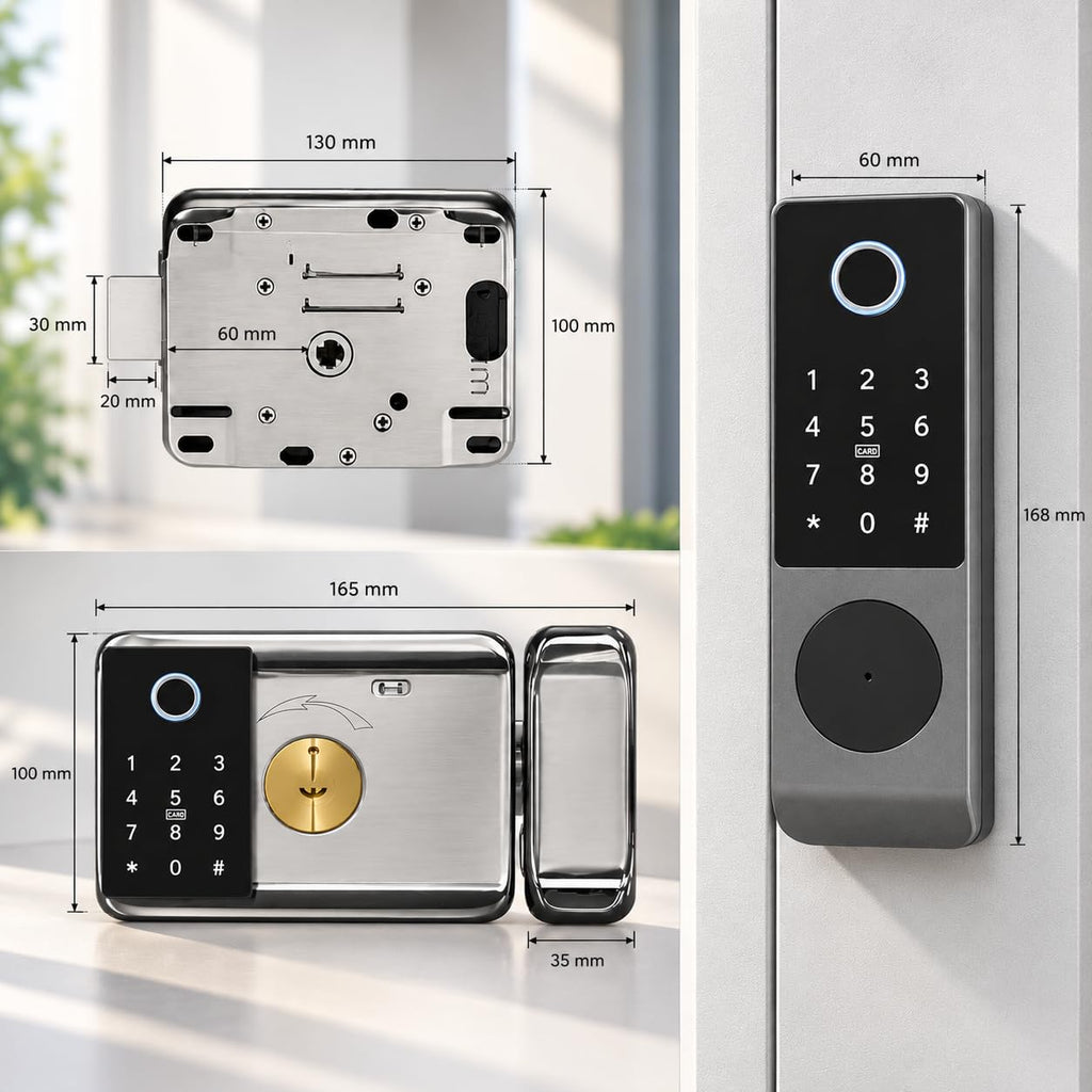 smart latch double gate lock, electronic gate latch for outdoor fence, waterproof keyless smart rim lock, electric double sided keypad locks, Fingerprint, Passcode, Key, IC Card, Tuya App