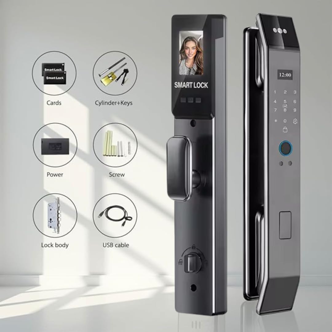 3D Face Recognition Smart Door Lock – Fully Automatic Biometric Fingerprint Lock with Facial Scan, APP Control, Keypad & Key Entry | Aluminum Alloy Digital Front Door Lock for Home, Office & Apartment