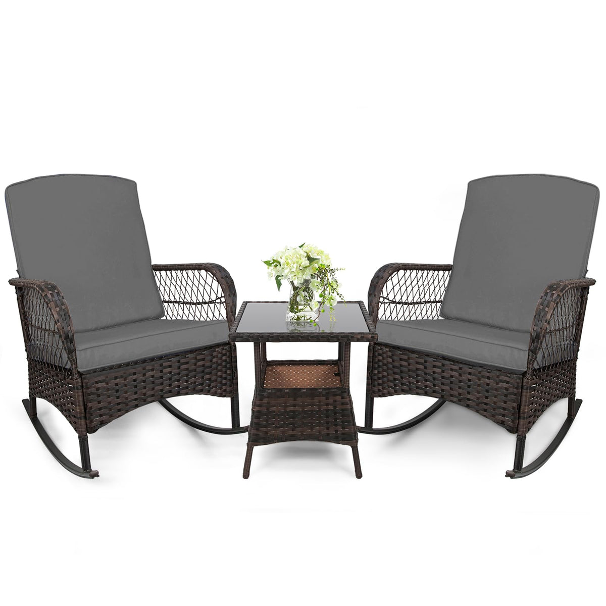 3 pcs Rocking Bistro Set Conversation Chairs PE Wicker Outdoor Rocking Chairs & Glass Table,for Porch Lawn Garden Backyard Deck(Rocking Set,Khaki)