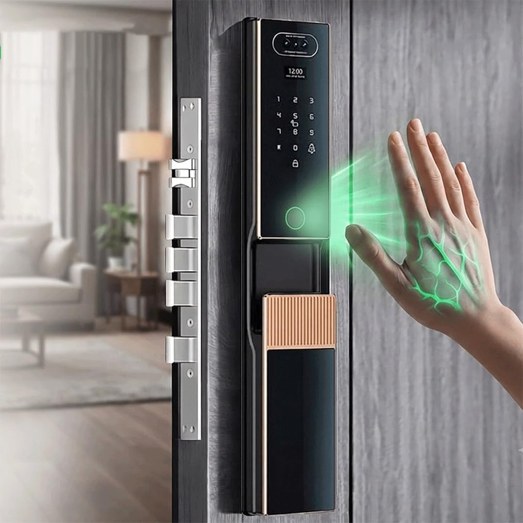 Smart Door Lock with Face Recognition & Camera, Video Monitor, 7-in-1 Keyless Entry: Palm Vein, Fingerprint, Keypad, App - Weatherproof Digital Deadbolt for Home Security (Gold)