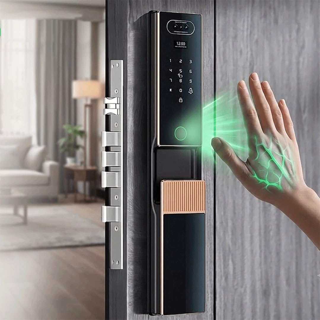Smart Door Lock with Face Recognition & Camera, Video Monitor, 7-in-1 Keyless Entry: Palm Vein, Fingerprint, Keypad, App - Weatherproof Digital Deadbolt for Home Security (Gold)