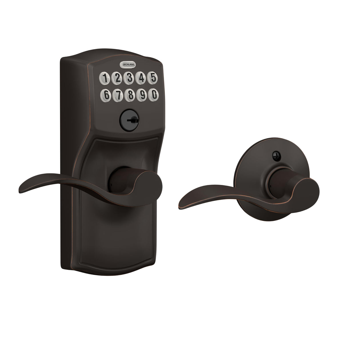 Schlage Electronic Keypad Lock, Lever Handle, Camelot Trim, Satin Chrome