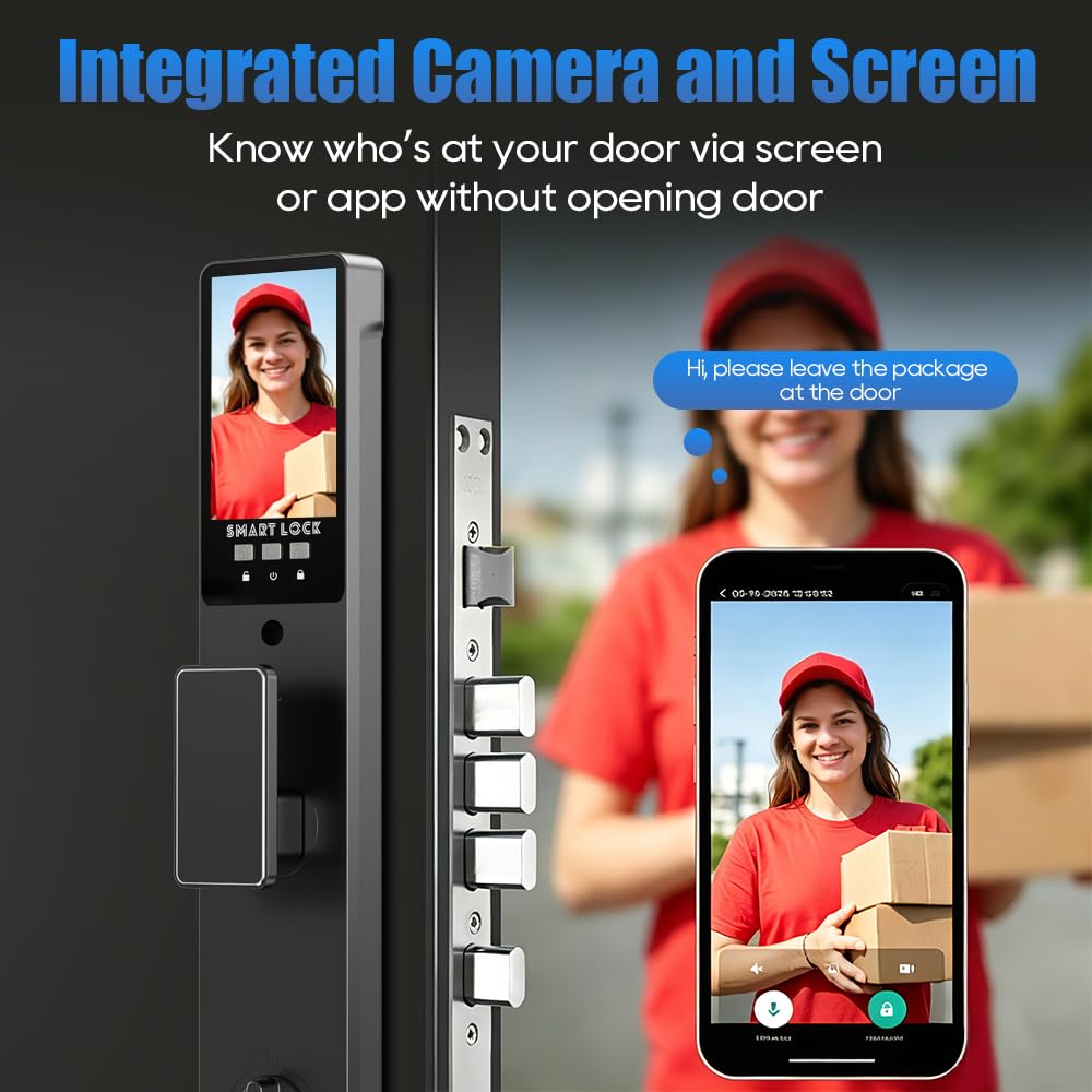 3D Face Recognition Smart Lock with Camera, Palm Vein Door Lock, Keyless Entry Fingerprint Smart Mortise Lock for Front Door, 4" HD Screen,Auto-Lock,Compatible with Tuya App, Front Door Security