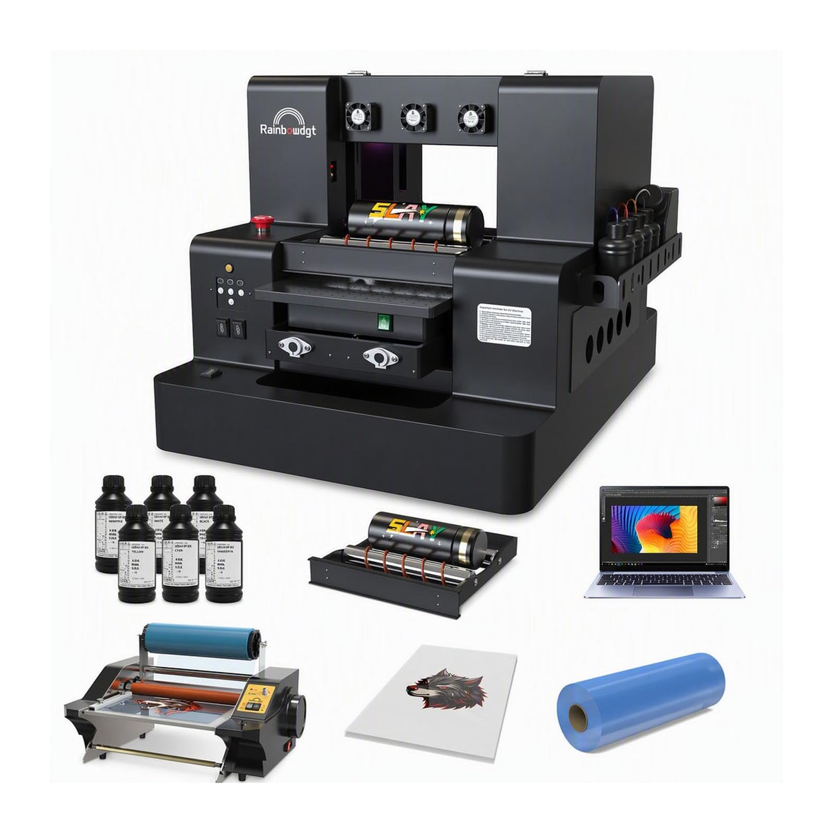 RAINBOWDGT A3 UV DTF Sticker Printer (with laminator), Dual XP600 printheads, Automatic Cleaning and White Ink Mixing System, Versatile for Glass, Metal, Wood, Mugs, Phone Cases, and More.