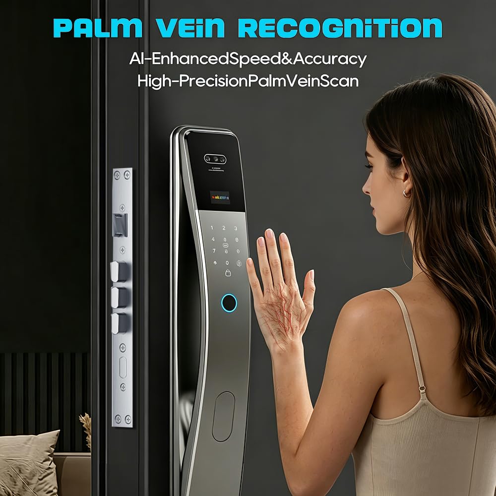 3D Face Recognition Smart Door Lock with Camera & Doorbell, Keyless Biometric Fingerprint, Face, Passcode, IC Card, Mechanical Key, AutoLock, Compatible with Tuya App,Smart Home Front Door Security