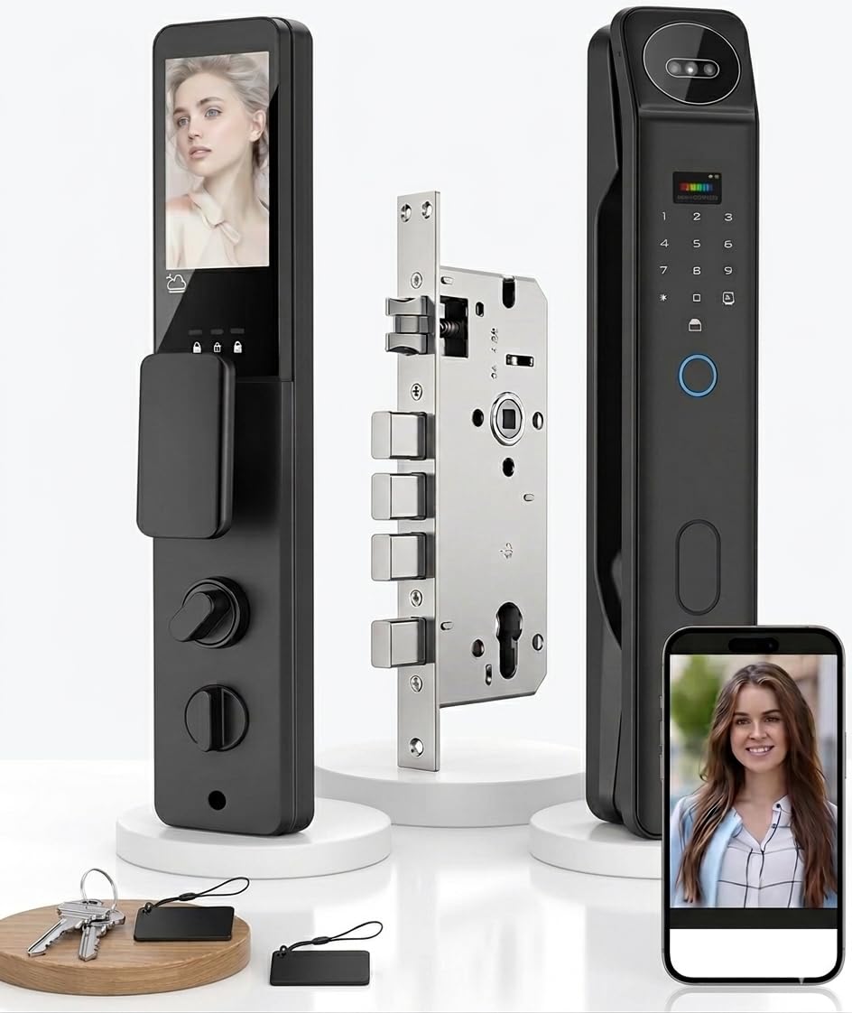 3D Face Recognition Smart Door Lock with Video Intercom, Biometric Palm Vein & Fingerprint Keyless Entry, 1080P HD Camera, Tuya App Control, Alexa Compatible, IP65 Waterproof, 5 Ways to Unlock