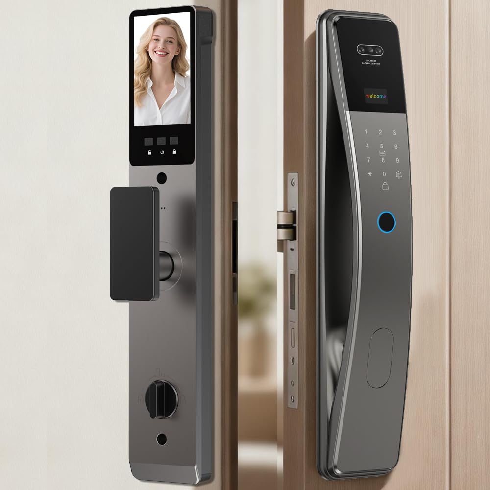 3D Face Recognition Smart Door Lock with Camera & Doorbell, Keyless Biometric Fingerprint, Face, Passcode, IC Card, Mechanical Key, AutoLock, Compatible with Tuya App,Smart Home Front Door Security