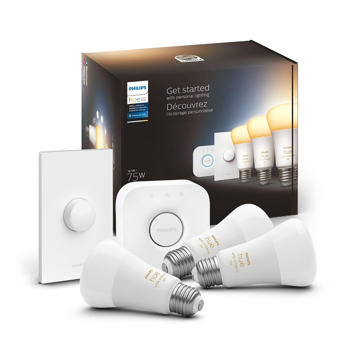 Philips Hue Smart Light Starter Kit - Includes (1) Bridge and (4) 75W A19 E26 LED Smart White and Color Ambiance Bulbs - Control with App - Compatible with Alexa, Google Assistant, and Apple HomeKit