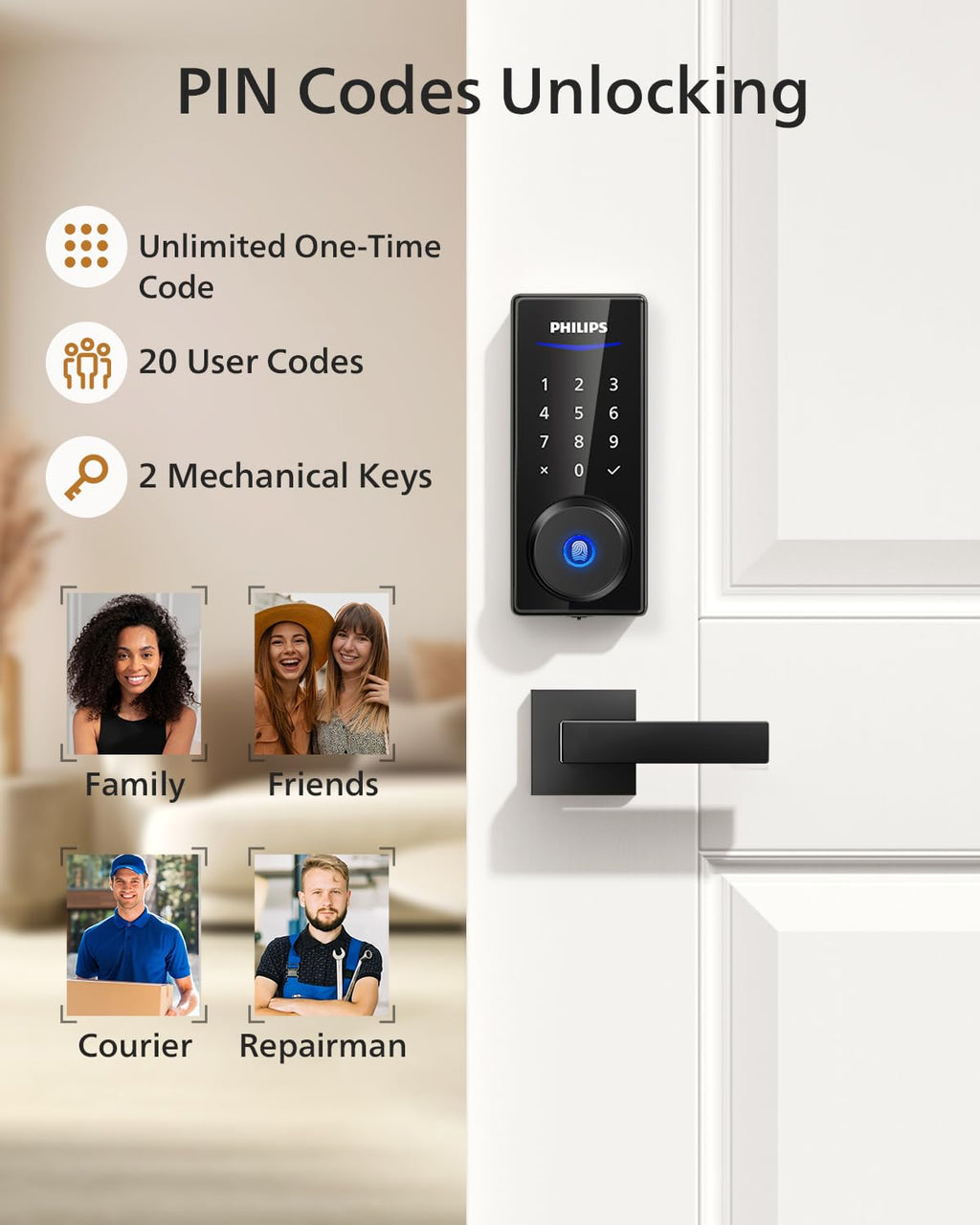 Philips Keypad Front Door Lock Set, Smart Deadbolt with 2 Lever Handle