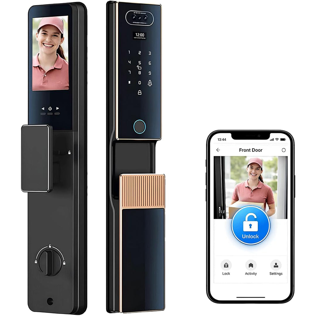 Smart Door Lock with Face Recognition & Camera, Video Monitor, 7-in-1 Keyless Entry: Palm Vein, Fingerprint, Keypad, App - Weatherproof Digital Deadbolt for Home Security (Gold)