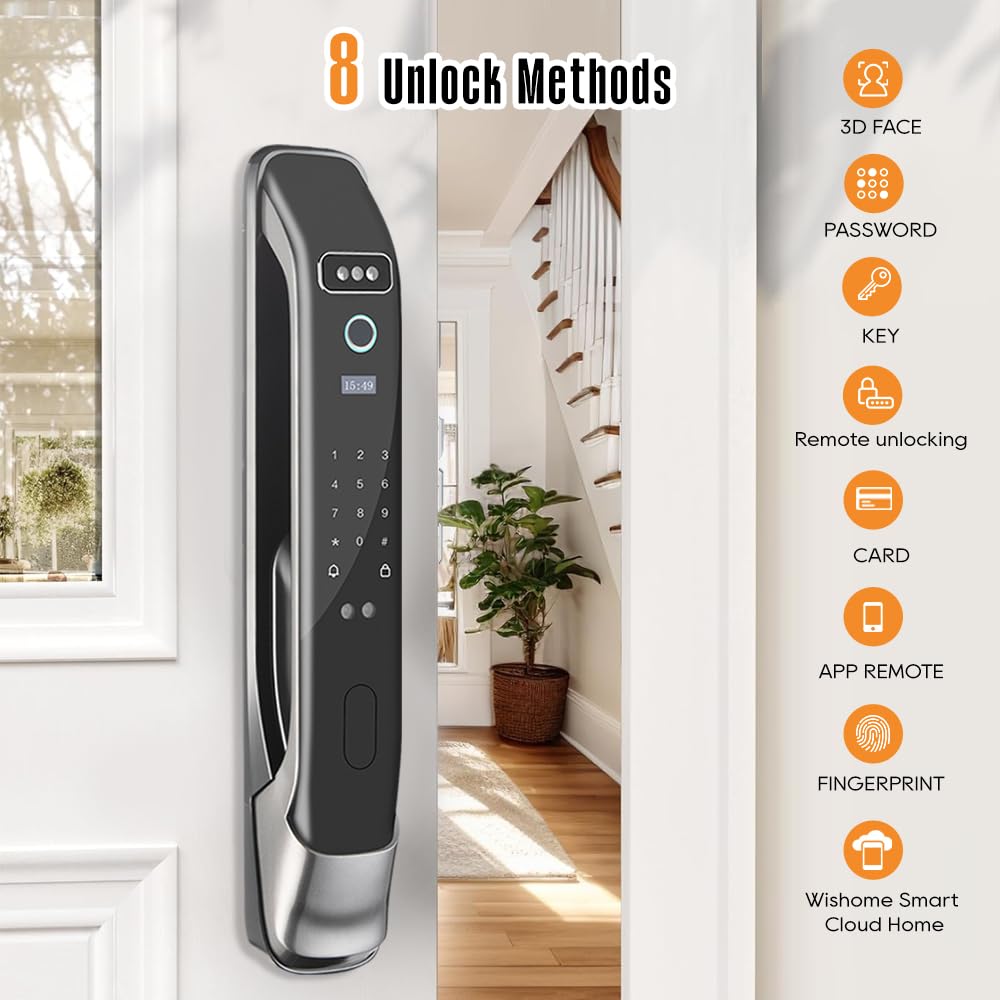 3D Face Recognition Smart Door Lock with Camera & Doorbell, Keyless Biometric Fingerprint, Face, Passcode, IC Card, Mechanical Key, Mortise Lock Body, AutoLock, Front Door, Home Security