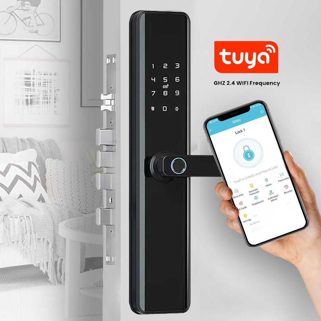 Smart Door Lock with Handle – Keyless Entry Deadbolt with Fingerprint, Touchscreen Keypad, Tuya App Control, Passcode & Key, Doorbell, Auto Lock Electronic Front Door Lock for Home Security, Black