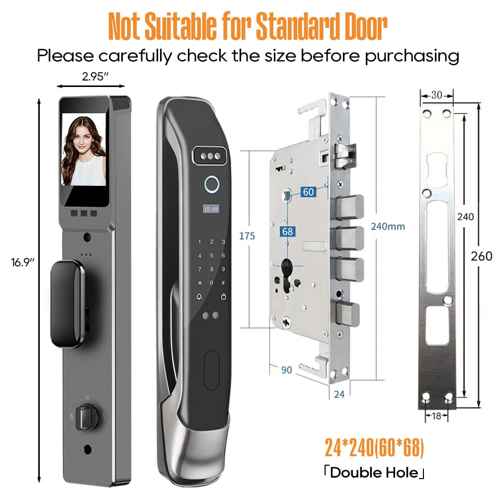 3D Face Recognition Smart Door Lock with Camera & Doorbell, Keyless Biometric Fingerprint, Face, Passcode, IC Card, Mechanical Key, Mortise Lock Body, AutoLock, Front Door, Home Security