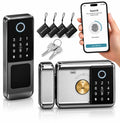 smart latch double gate lock, electronic gate latch for outdoor fence, waterproof keyless smart rim lock, electric double sided keypad locks, Fingerprint, Passcode, Key, IC Card, Tuya App