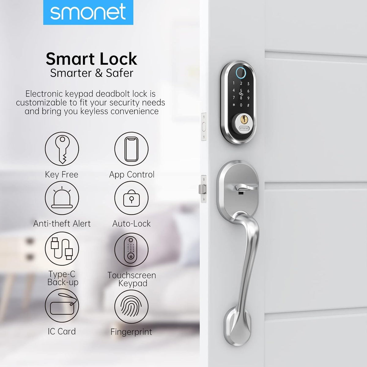 SMONET Keyless Entry Door Lock with Handle, Smart Front Door Lock Set, Fingerprint Keypad Deadbolt Lock, Bluetooth App Control, Key Fobs, Auto Lock, Compatible with Alexa for Home