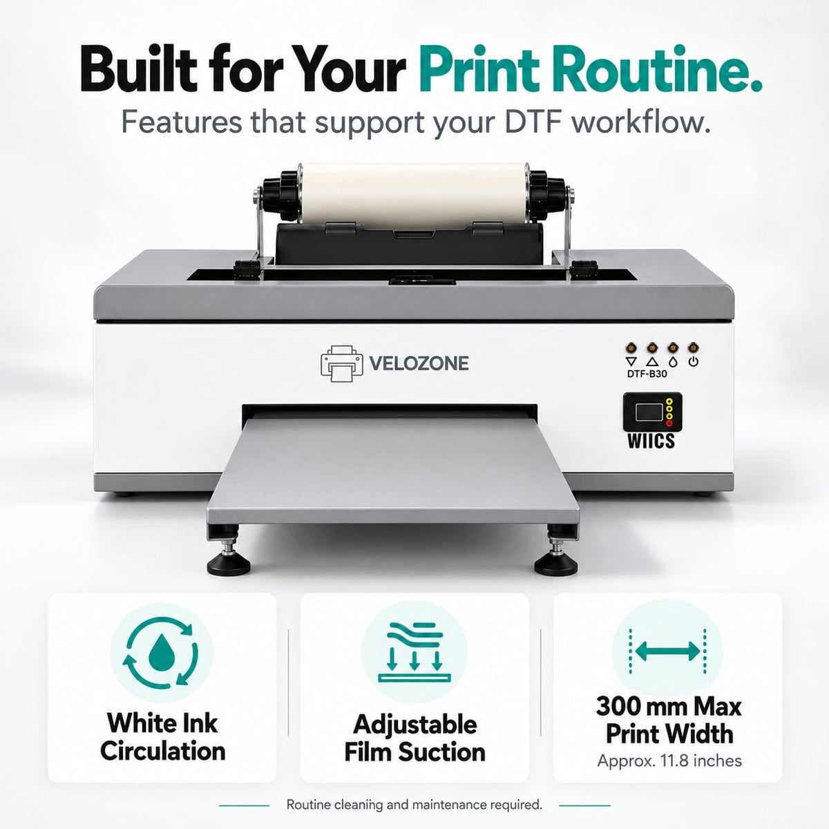 A3 DTF Printer with Curing Oven, Direct to Film Printing Bundle for T-Shirts, White Ink Circulation, 300 mm Print Width, Film Roll and Inks Included