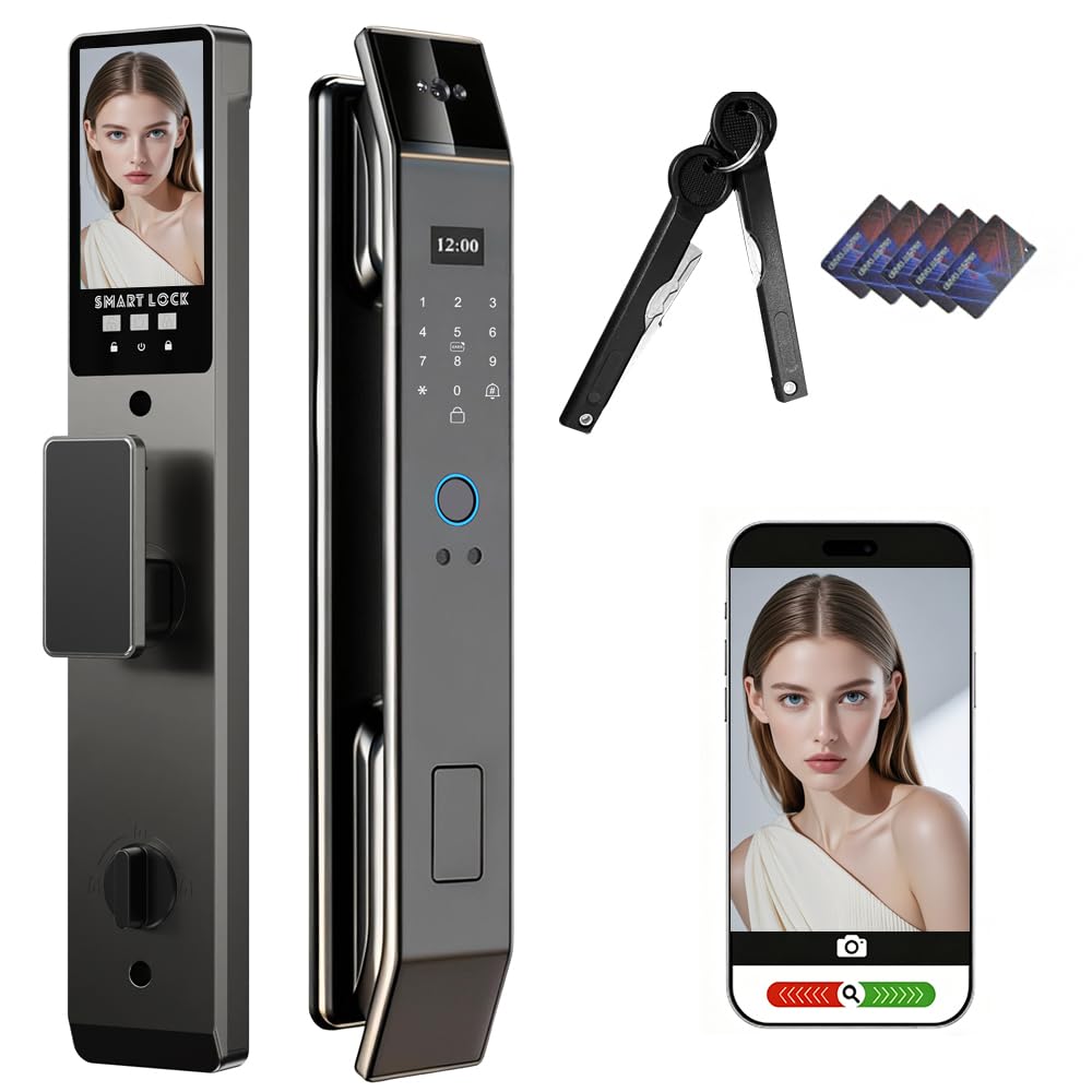 Smart Door Lock with 3D Face Recognition & Camera, Intercome, Doorbell, Fingerprint Keyless Entry, Password, IC Card, Key, Compatible with Tuya App Control, Smart Home Front Door Security