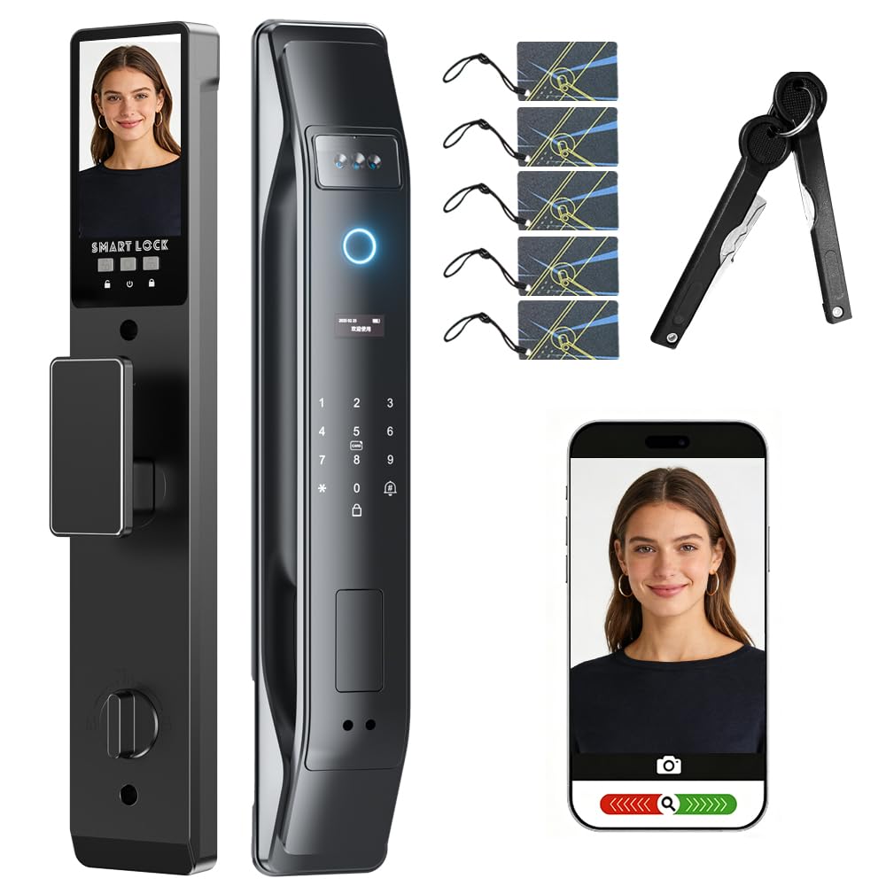 3D Face Recognition Smart Lock with Camera, Palm Vein Door Lock, Keyless Entry Fingerprint Smart Mortise Lock for Front Door, 4" HD Screen,Auto-Lock,Compatible with Tuya App, Front Door Security