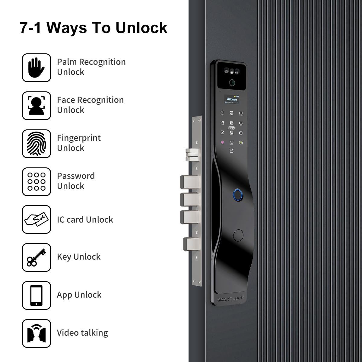 Smart Lock with Camera, 3D Facial Recognition, Palm Vein Recognition, 8-in-1 Keyless Entry, Hd Video Display, Fingerprint, Ic Card, Tuya App, Wi-Fi, Auto-Lock, Voice Control