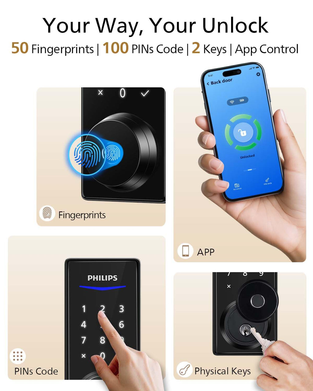 Philips Fingerprint Smart Lock, Keyless Entry Door Lock, Smart Door Locks for Front Door, Keypad Deadbolt, APP Control, 9-Month Long Battery