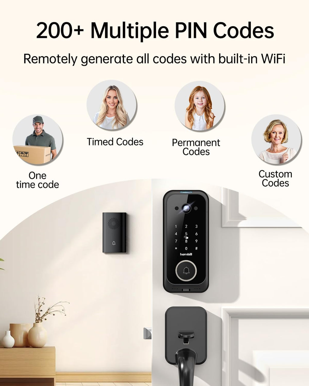 Hornbill Video Smart Lock with Camera: 10-in-1 Ring+2K Camera+Doorbell+Fingerprint Keyless Entry Door Lock, Built-in WiFi Deadbolt(only 2.4G), Two-Way Audio/App Remote Control/PIR, No Monthly Fee