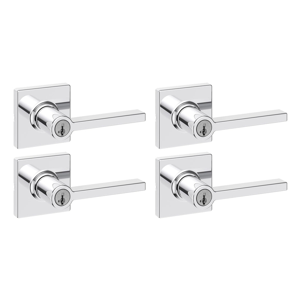 Kwikset Casey Entry Door Handle with Lock and Key, Secure Keyed Reversible Lever Exterior, for Front Entrance and Bedrooms, Matte Black, 4 Pack, Pick Resistant SmartKey Rekey Security and Microban