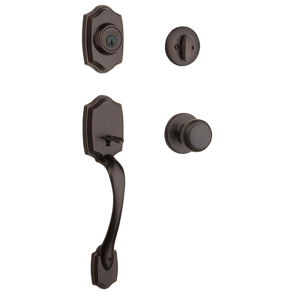 Kwikset Belleview Front Door Lock Handle and Deadbolt Set, Entry Handleset Exterior with Polo Interior Door Knob, Satin Nickel, Pick Resistant SmartKey Rekey Deadbolt Security