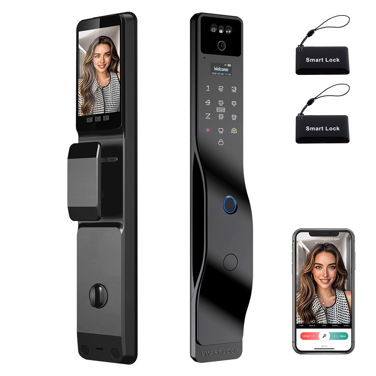 Smart Lock with Camera, 3D Facial Recognition, Palm Vein Recognition, 8-in-1 Keyless Entry, Hd Video Display, Fingerprint, Ic Card, Tuya App, Wi-Fi, Auto-Lock, Voice Control