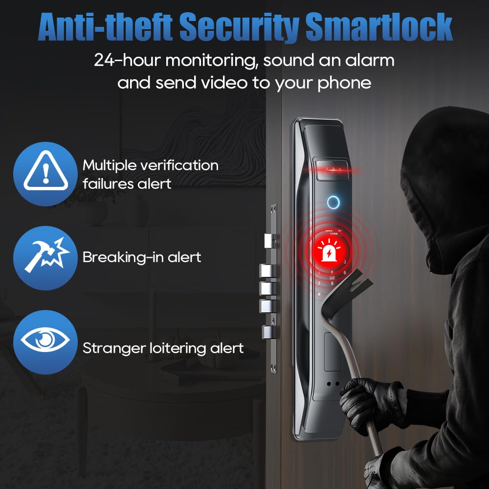 3D Face Recognition Smart Lock with Camera, Palm Vein Door Lock, Keyless Entry Fingerprint Smart Mortise Lock for Front Door, 4" HD Screen,Auto-Lock,Compatible with Tuya App, Front Door Security
