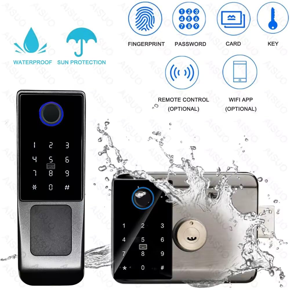 smart latch double gate lock, electronic gate latch for outdoor fence, waterproof keyless smart rim lock, electric double sided keypad locks, Fingerprint, Passcode, Key, IC Card, Tuya App