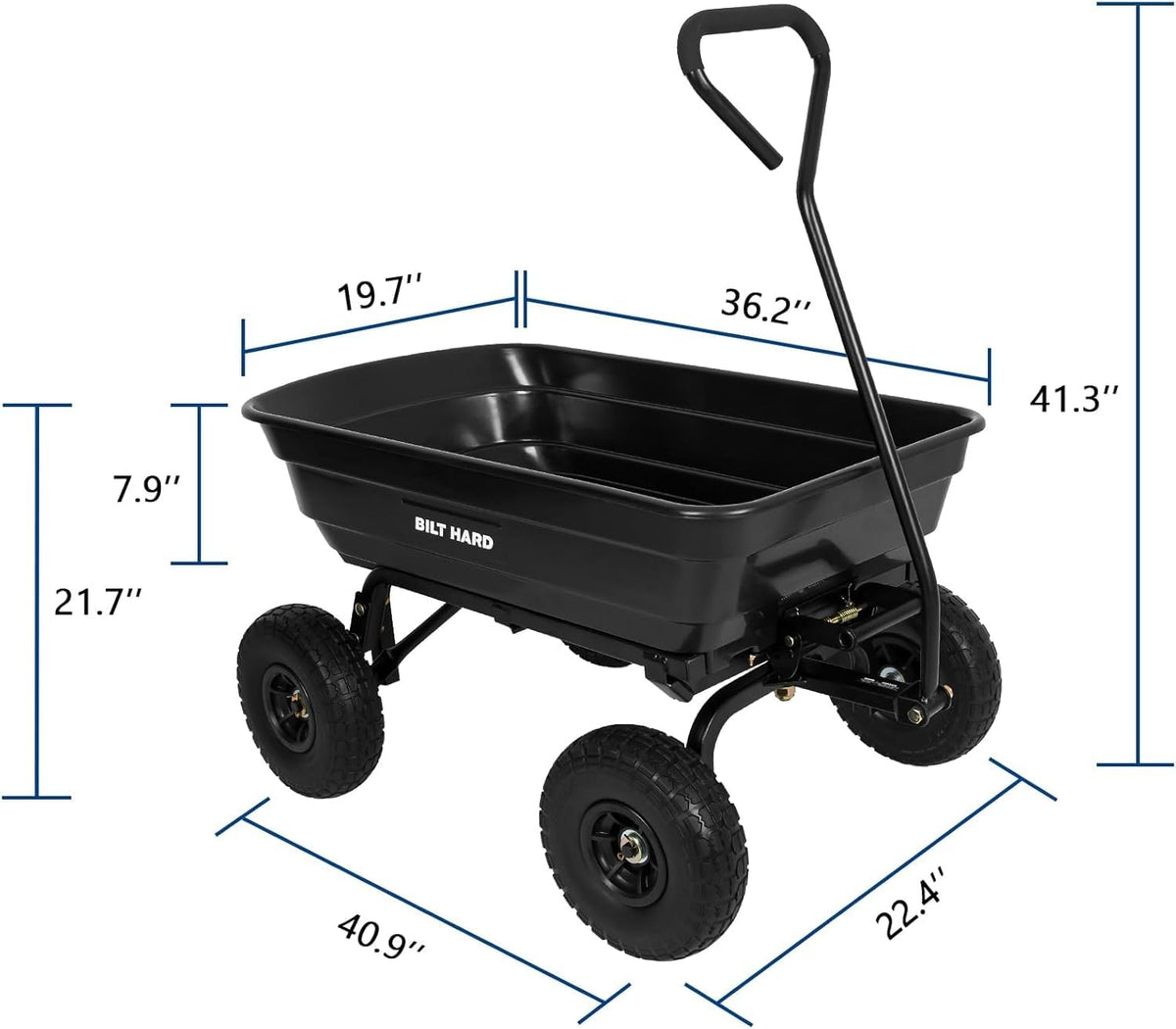 BILT HARD 4 Cu.Ft. 10" No-Flat Tires Poly Yard Dump Cart with 180° Rotating Handle, 600 lbs Capacity Heavy Duty Garden Carts and Wagons