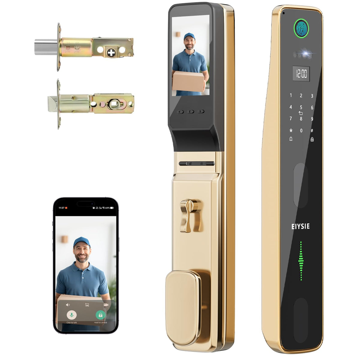EIYSIE WiFi Smart Lock with Camera & Doorbell, 8-in-1 Keypad Deadbolt, Gold