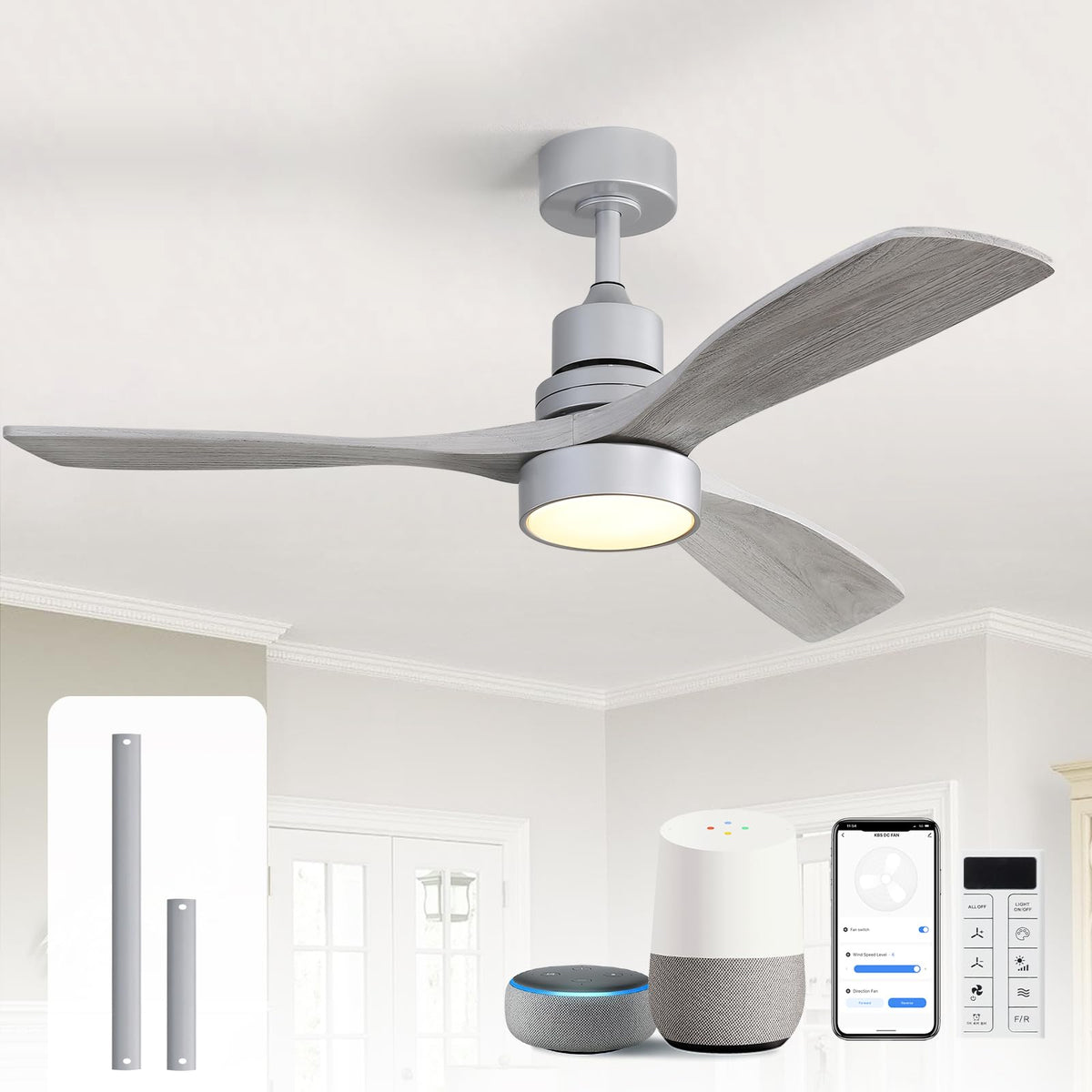 Sofucor 48 Inch Smart Wood Ceiling Fans with Lights, Flush/Downrod Mount