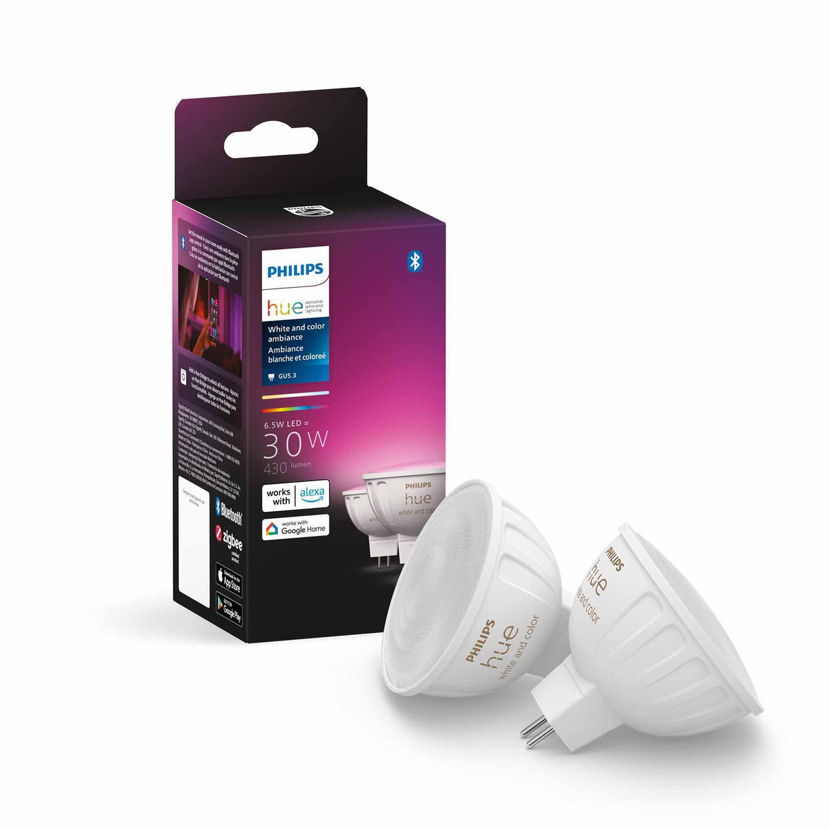 Philips Hue MR16 Smart LED Bulb 2-Pack, White and Color Ambiance, 30-Watt Equivalent, 2200-6500K