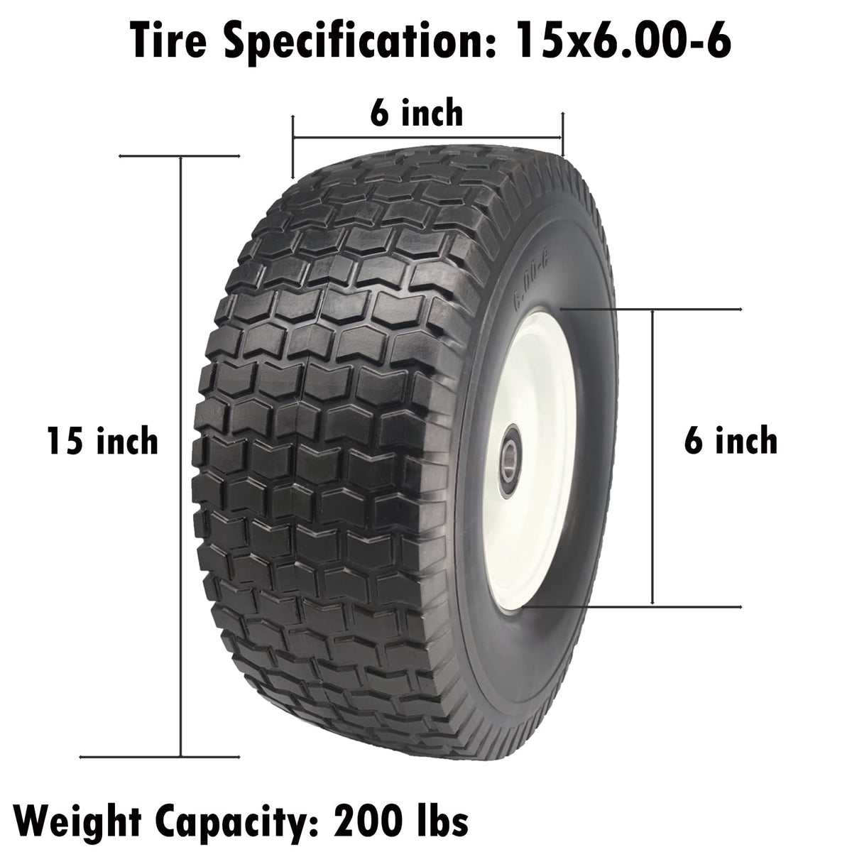 Flat Free Tire 15x6.00-6 with 1 & 3/4" Axle, 3” Center Hub 15x6x6 Lawn Mower Tire and Wheel for Lawn Tractor Front Tire Assembly Replacement Lawn & Garden Riding Mower, Set of 2