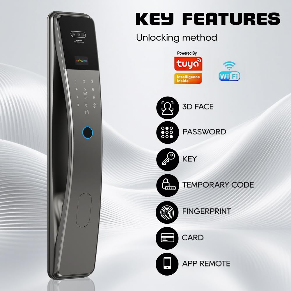 3D Face Recognition Smart Door Lock with Camera & Doorbell, Keyless Biometric Fingerprint, Face, Passcode, IC Card, Mechanical Key, AutoLock, Compatible with Tuya App,Smart Home Front Door Security