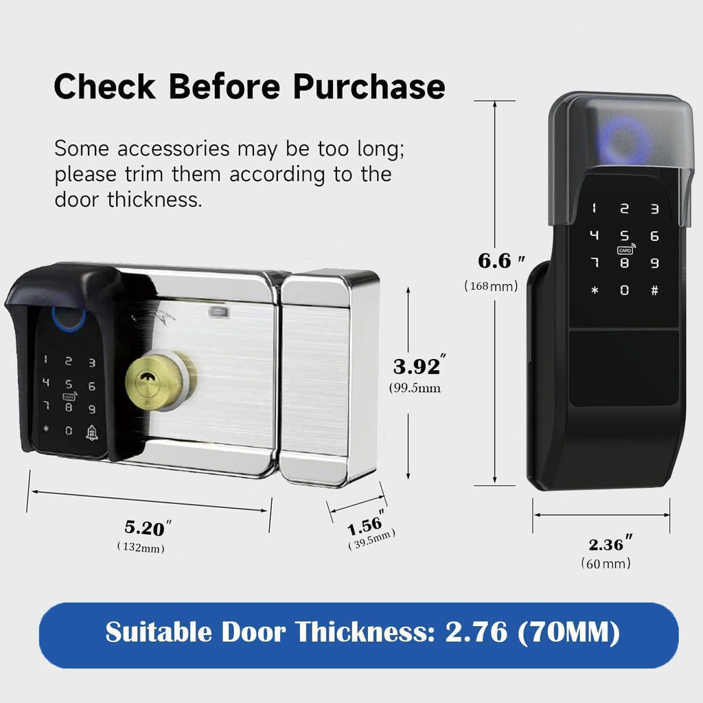 smart latch double gate lock, electronic gate latch for outdoor fence, waterproof keyless smart rim lock, electric double sided keypad locks, Fingerprint, Passcode, Key, IC Card, Tuya App (Matte Black)