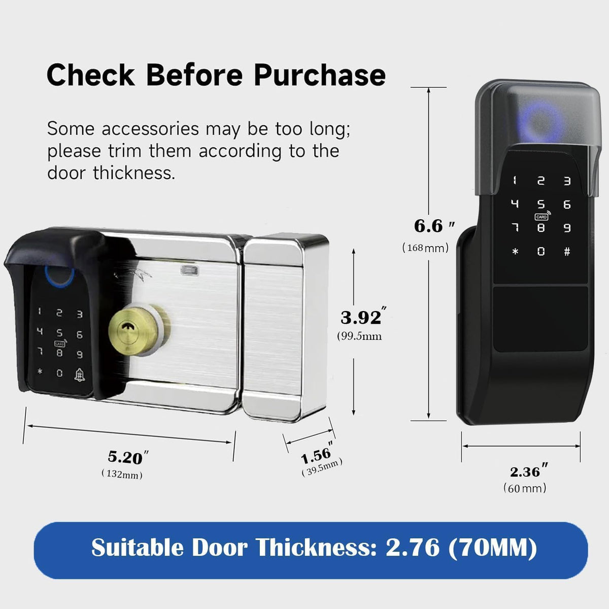 smart latch double gate lock, electronic gate latch for outdoor fence, waterproof keyless smart rim lock, electric double sided keypad locks, Fingerprint, Passcode, Key, IC Card, Tuya App (Matte Black)