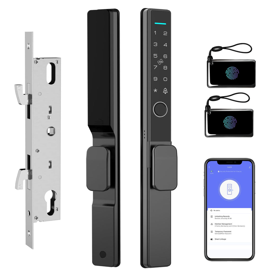 Sliding Glass Door Lock 2085 Ultra-Slim eLinkSmart Waterproof Keyless Mortise Smart Lock with Hook for Door Thickness 22~110mm (0.87"-4.33"), Aluminum Keypad Fingerprint Patio Door Tuya App