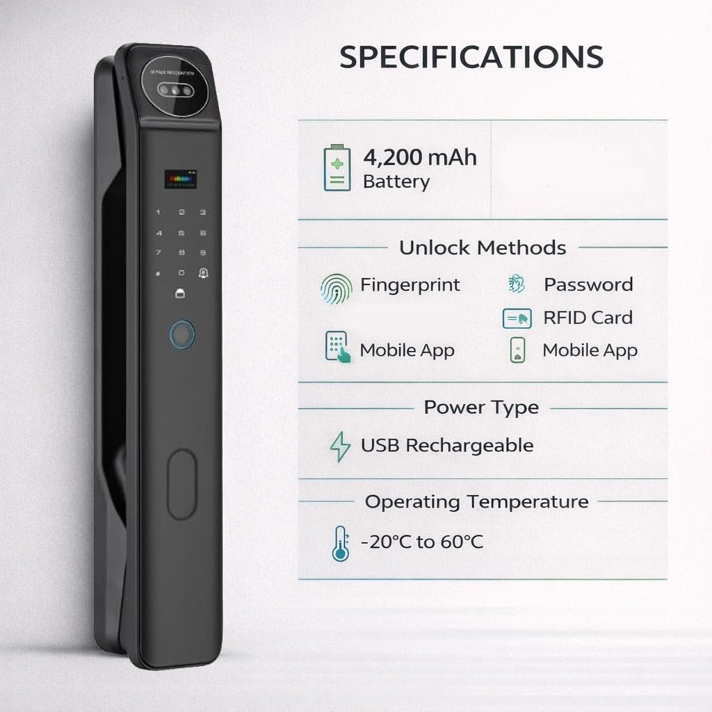 3D Face Recognition Smart Door Lock with Video Intercom, Biometric Palm Vein & Fingerprint Keyless Entry, 1080P HD Camera, Tuya App Control, Alexa Compatible, IP65 Waterproof, 5 Ways to Unlock