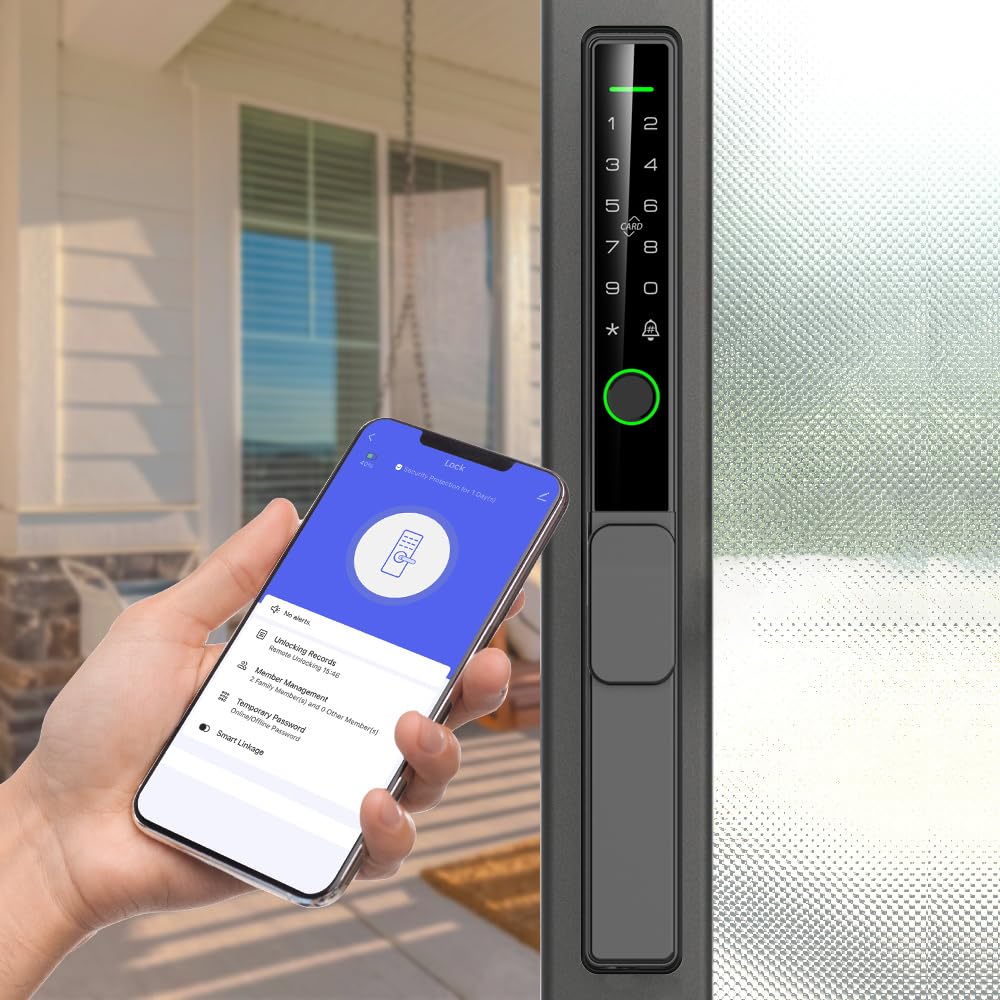 Sliding Glass Door Lock 2085 Ultra-Slim eLinkSmart Waterproof Keyless Mortise Smart Lock with Hook for Door Thickness 22~110mm (0.87"-4.33"), Aluminum Keypad Fingerprint Patio Door Tuya App