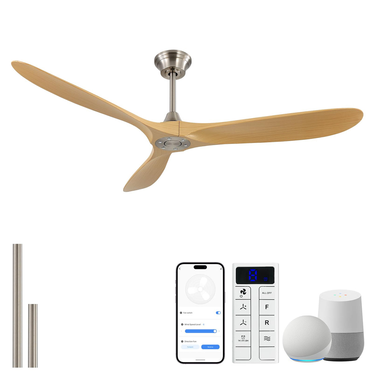 Sofucor 48 Inch Smart Wood Ceiling Fans with Lights, Flush/Downrod Mount