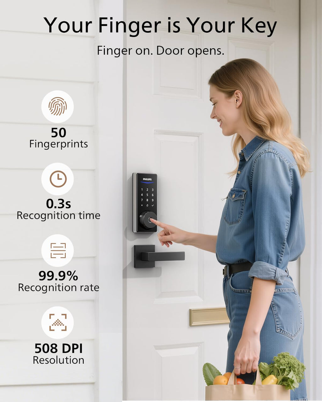 Philips Fingerprint Smart Lock, Keyless Entry Door Lock, Smart Door Locks for Front Door, Keypad Deadbolt, APP Control, 9-Month Long Battery
