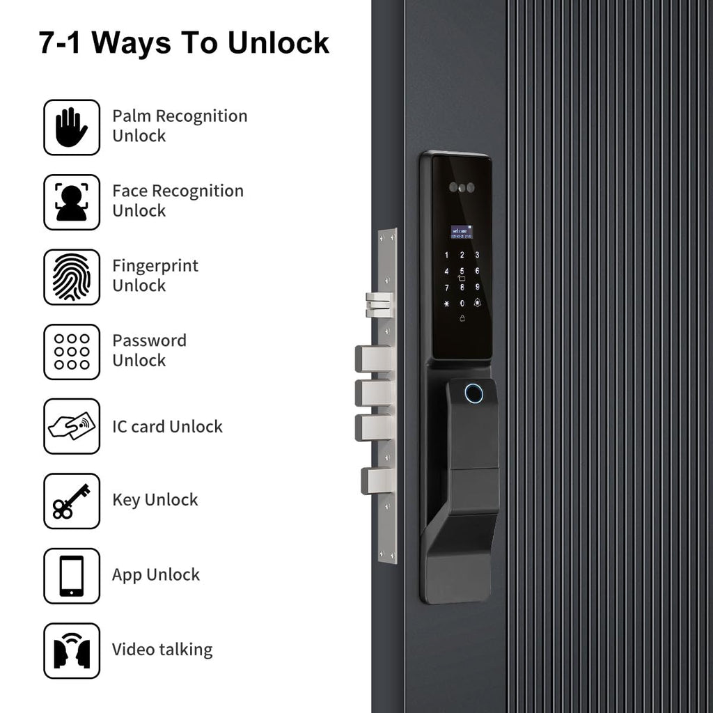3D Facial Recognition Smart Door Lock with Palm Vein Recognition, 8-in-1 Keyless Entry System, High-Definition Video Screen, Fingerprint, Ic Card, App-Based Remote Unlocking, Wi-Fi, Auto-Lock