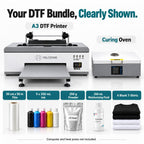 A3 DTF Printer with Curing Oven, Direct to Film Printing Bundle for T-Shirts, White Ink Circulation, 300 mm Print Width, Film Roll and Inks Included