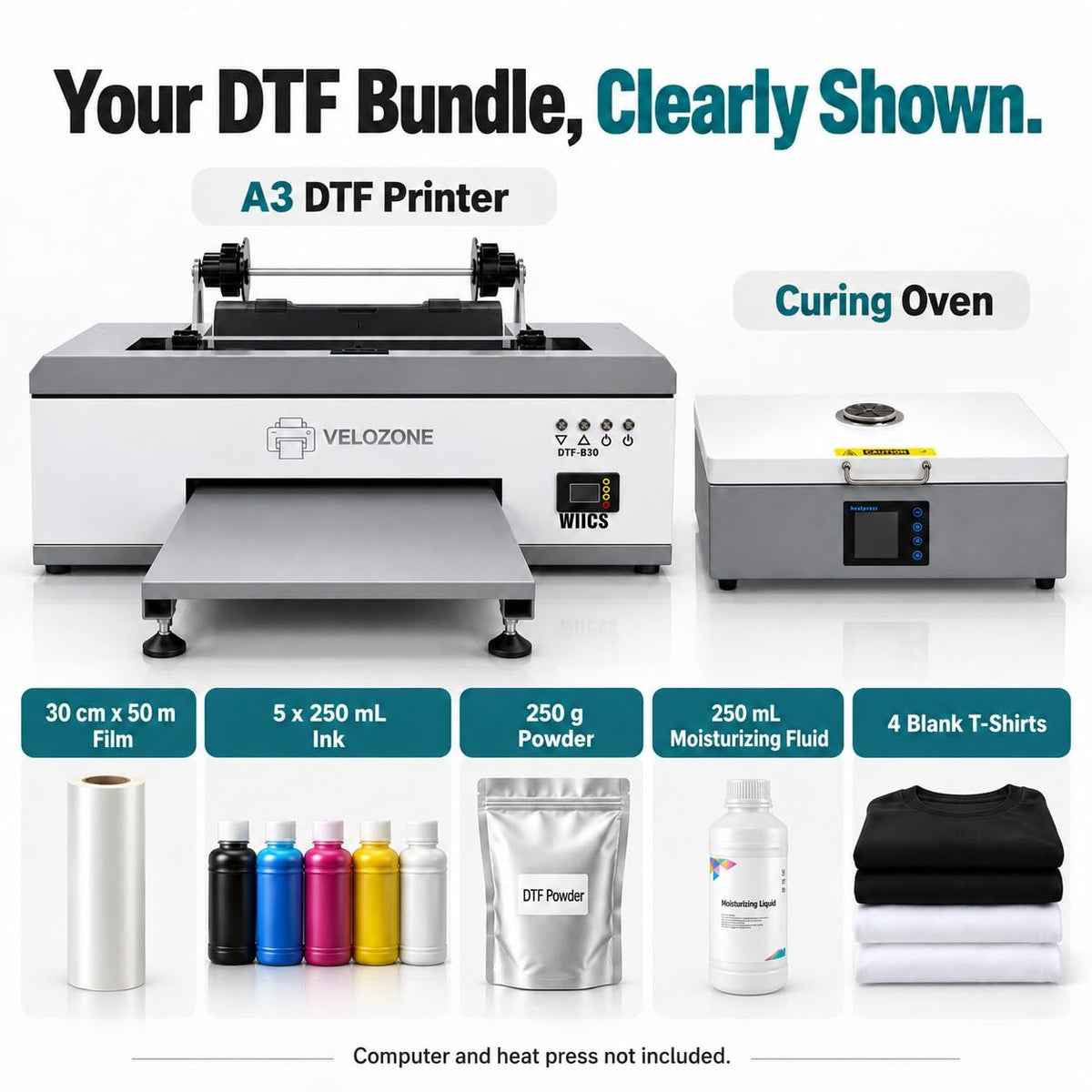 A3 DTF Printer with Curing Oven, Direct to Film Printing Bundle for T-Shirts, White Ink Circulation, 300 mm Print Width, Film Roll and Inks Included