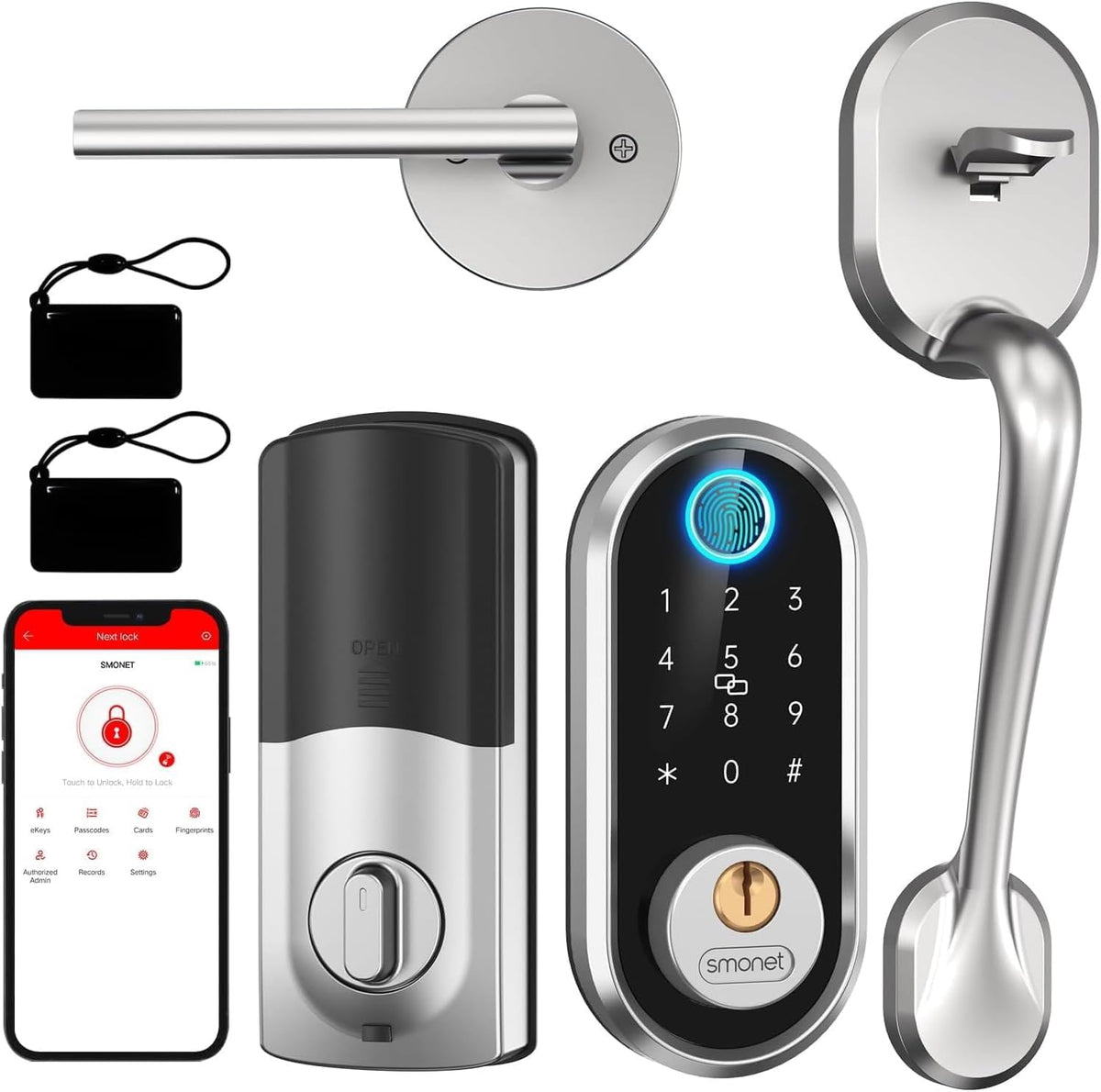 SMONET Keyless Entry Door Lock with Handle, Smart Front Door Lock Set, Fingerprint Keypad Deadbolt Lock, Bluetooth App Control, Key Fobs, Auto Lock, Compatible with Alexa for Home