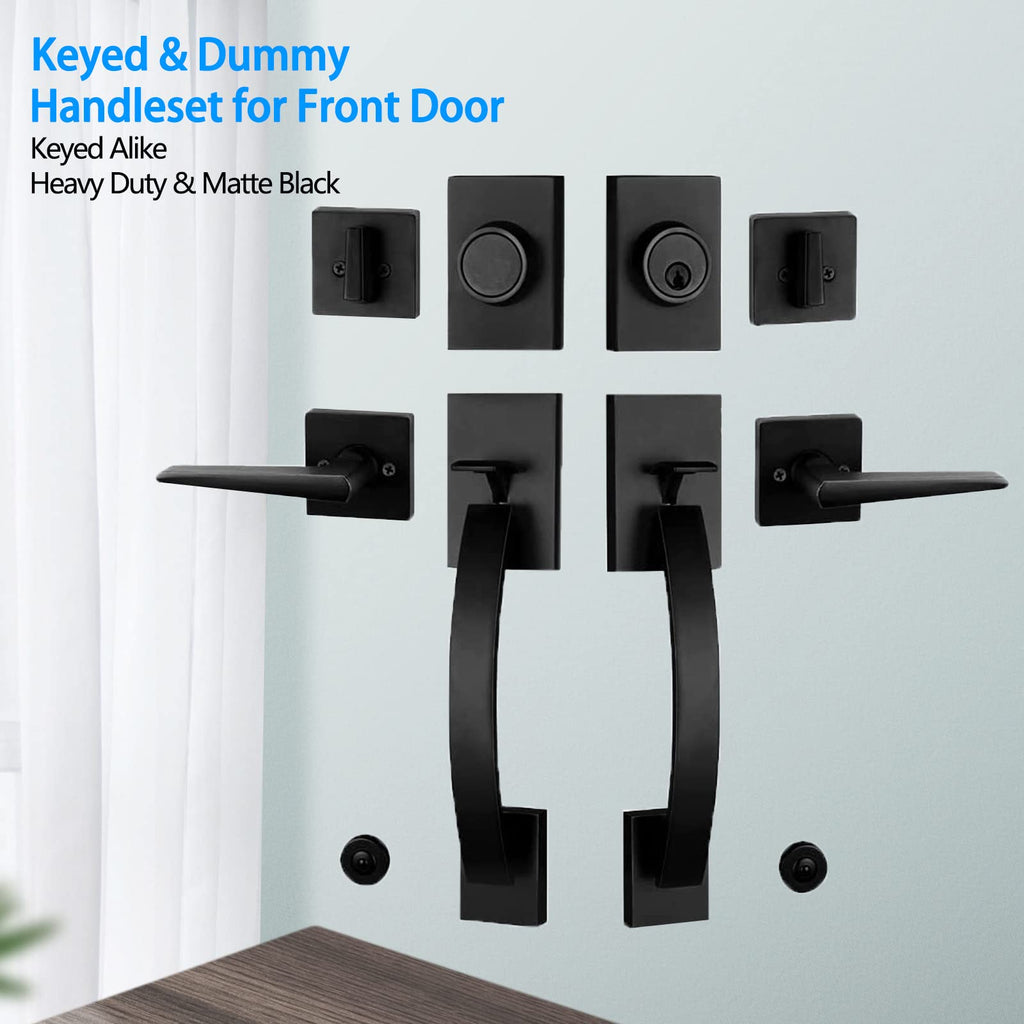 Exterior Double Door Lever Handleset,Solid Door Handle Lock Set (Keyed and Dummy Set) - Matte Black,MDHST2017DB-SET-BR