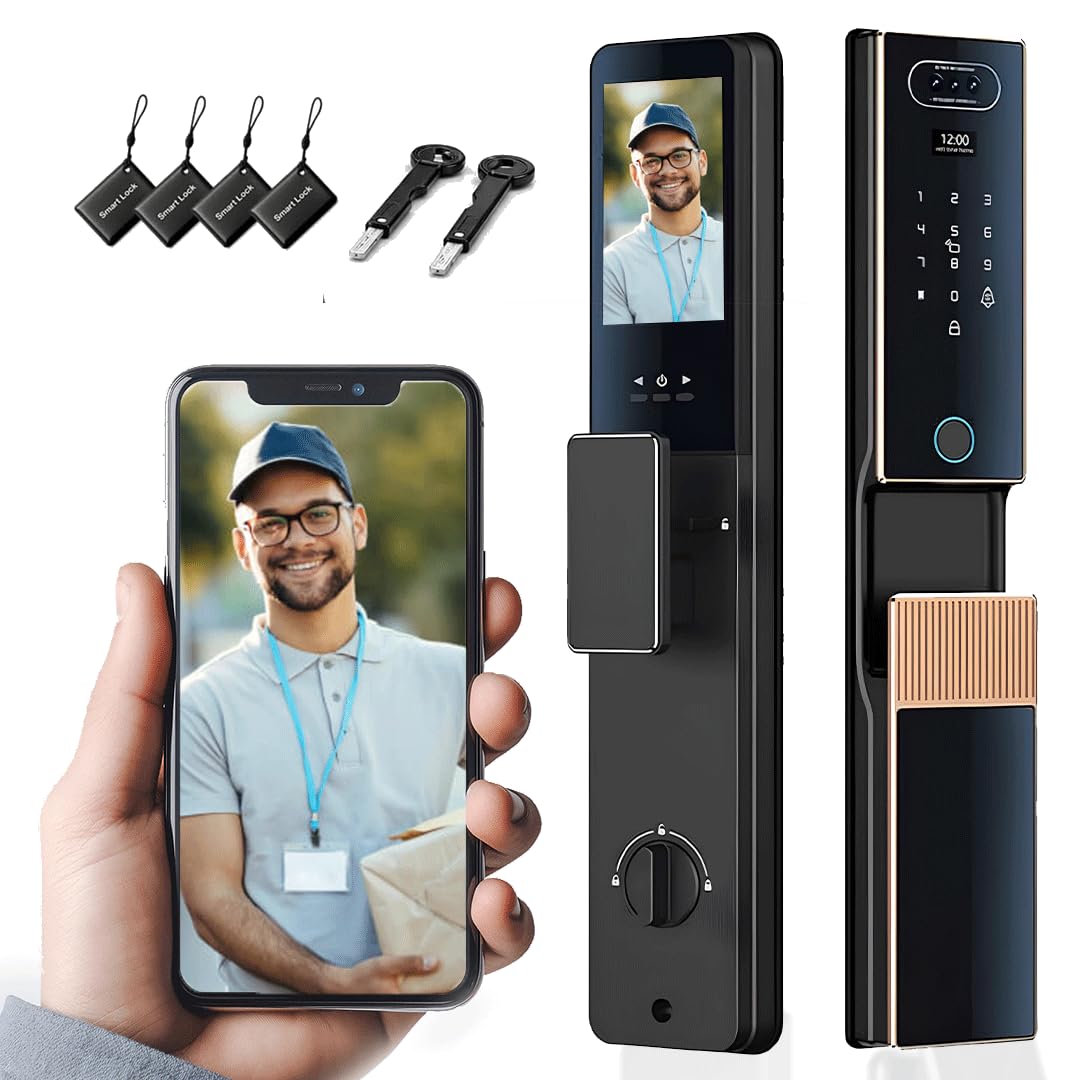 Smart Door Lock with Face Recognition & Camera, Video Monitor, 7-in-1 Keyless Entry: Palm Vein, Fingerprint, Keypad, App - Weatherproof Digital Deadbolt for Home Security (Gold)